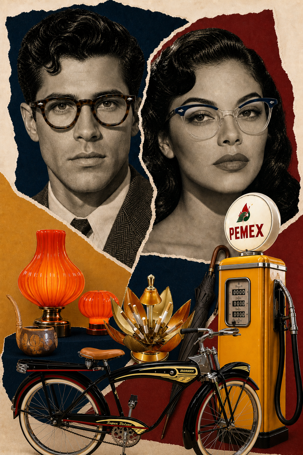 A vibrant exquisite-corpse collage of rare eyewear, restored Petroliana, an Art Deco lotus cigarette dispenser, a Monark bicycle, orange glass lighting, and Curiosa